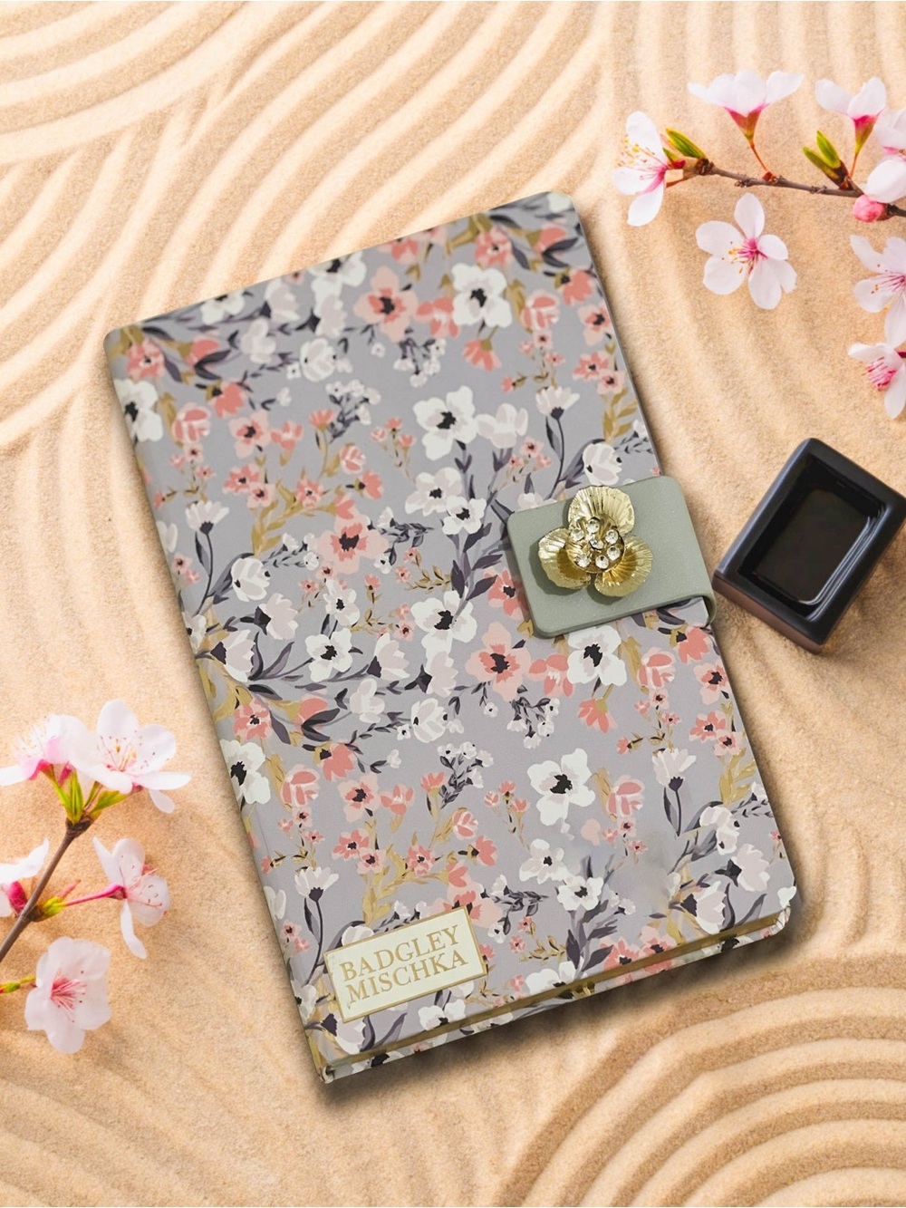 Badgley Mischka Gray Floral Tablet Folio with Pink & White Blossoms